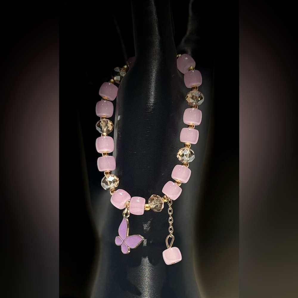 Pink Beaded Necklace with Butterfly Charm